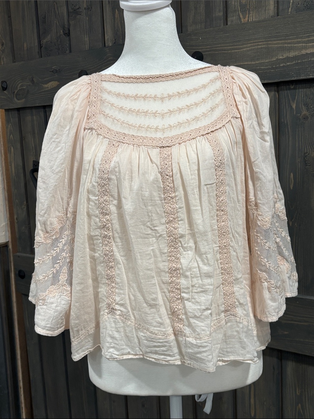 Women's Blush Pink Lace-Trim Peasant Tunic